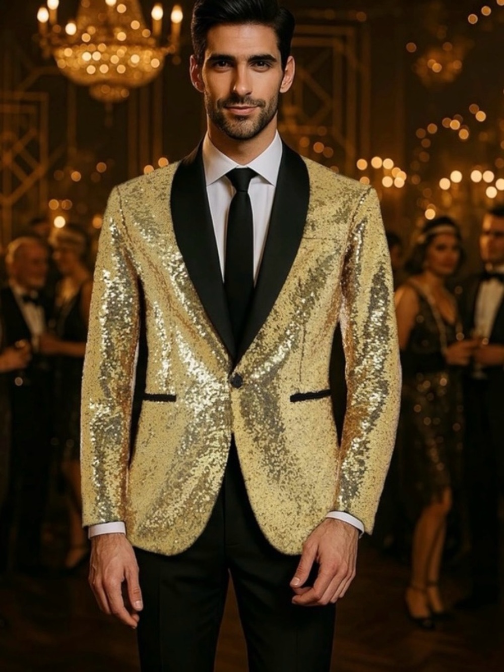 Gold Sequin Blazer with Black Shawl Lapel for Men